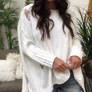 White Oversize Distressed Sweater